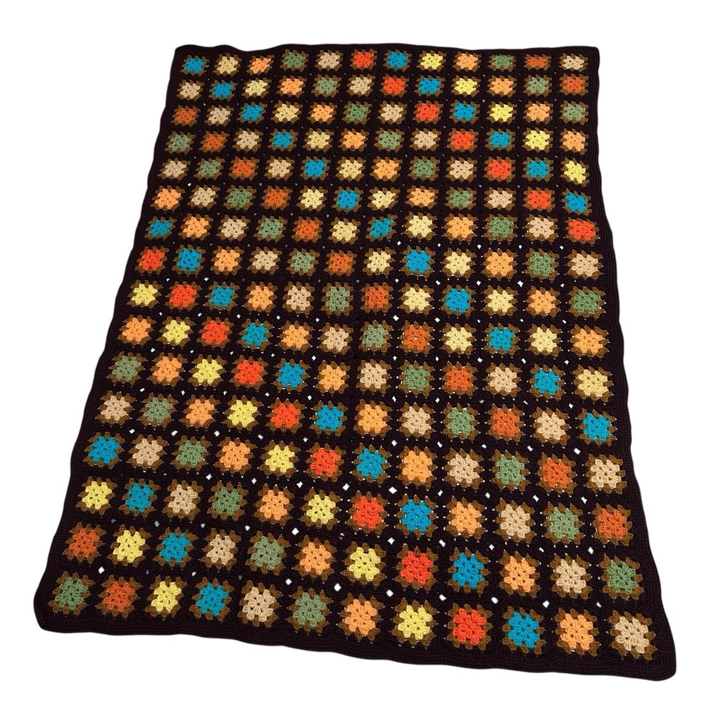 VTG Autumn Fall Crochet Granny Square Afghan Multicolor Blanket 60x43"
